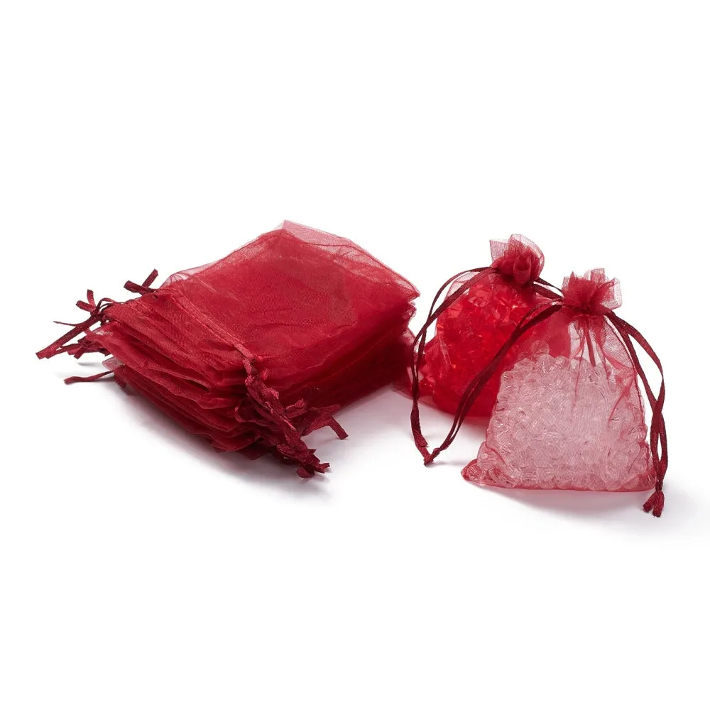 100 pc Organza Gift Bags with Drawstring, Jewelry Pouches, Wedding Party Christmas Favor Gift Bags, Red, 12x9cm