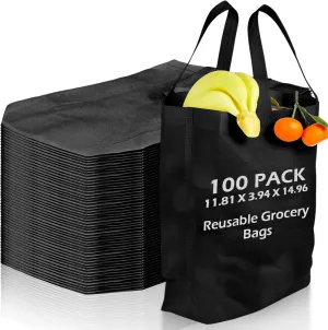 100 Pcs Reusable Tote Bag with Handles Bulk 11.81'' x 3.94'' x 14.96'' Extra Large Non Woven Grocery Shopping Bags for Boutiques Retail Store(Black)