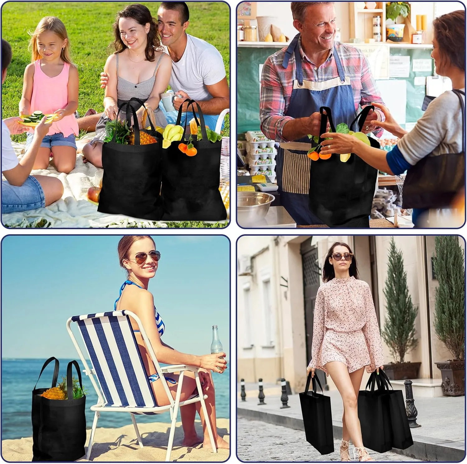 100 Pcs Reusable Tote Bag with Handles Bulk 11.81'' x 3.94'' x 14.96'' Extra Large Non Woven Grocery Shopping Bags for Boutiques Retail Store(Black)