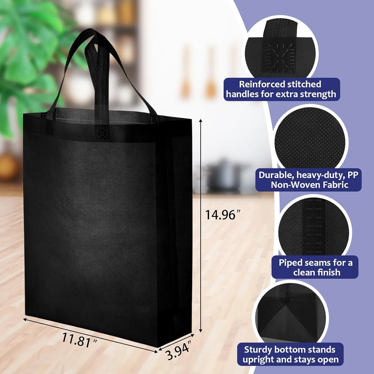 100 Pcs Reusable Tote Bag with Handles Bulk 11.81'' x 3.94'' x 14.96'' Extra Large Non Woven Grocery Shopping Bags for Boutiques Retail Store(Black)