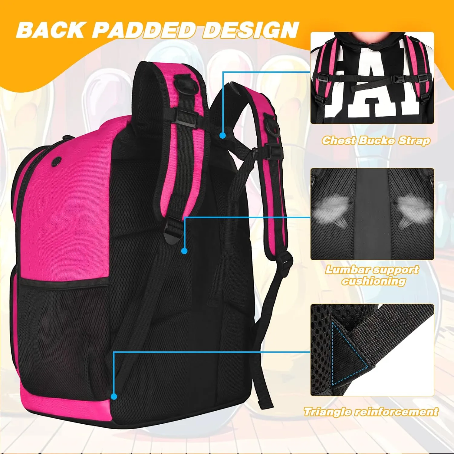 2 Ball Bowling Backpack,Bowling Ball Bag with Shoe Compartment & Portective Foam Padded, Fits Shoes Up to US Size 16