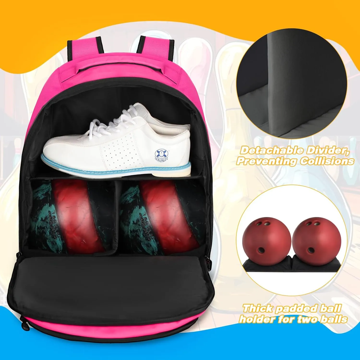2 Ball Bowling Backpack,Bowling Ball Bag with Shoe Compartment & Portective Foam Padded, Fits Shoes Up to US Size 16