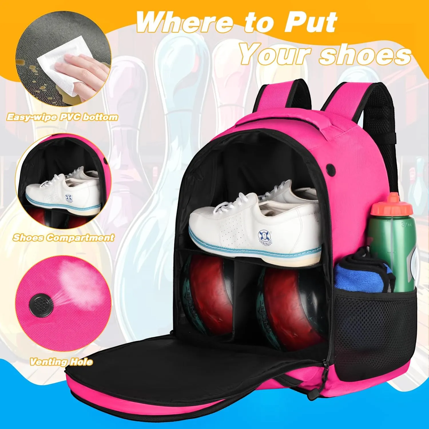 2 Ball Bowling Backpack,Bowling Ball Bag with Shoe Compartment & Portective Foam Padded, Fits Shoes Up to US Size 16