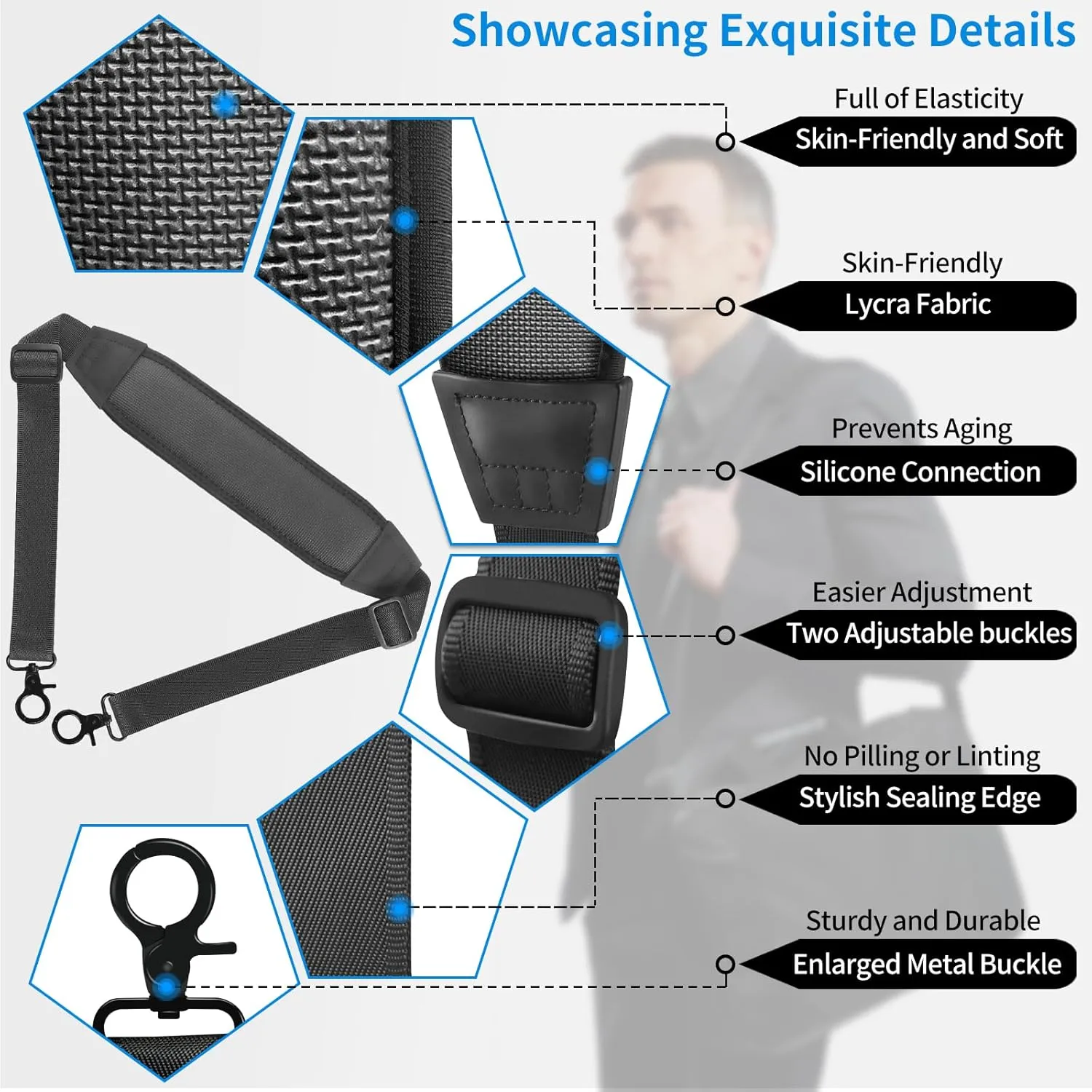 67" Bag Strap with Large Metal Hook and Dual Adjustable Buckles, Soft Adjustable Universal Replacement Neoprene Non-Slip Luggage Strap Fits Duffle/Messenger/Tool Bag/Golf Bag/Crossbody