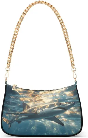 ALAZA Shark Underwater Magic Chian Shoulder Bag Handbags Tote Mini Clutch Purse Hobo Bag with Zipper Closure for Women