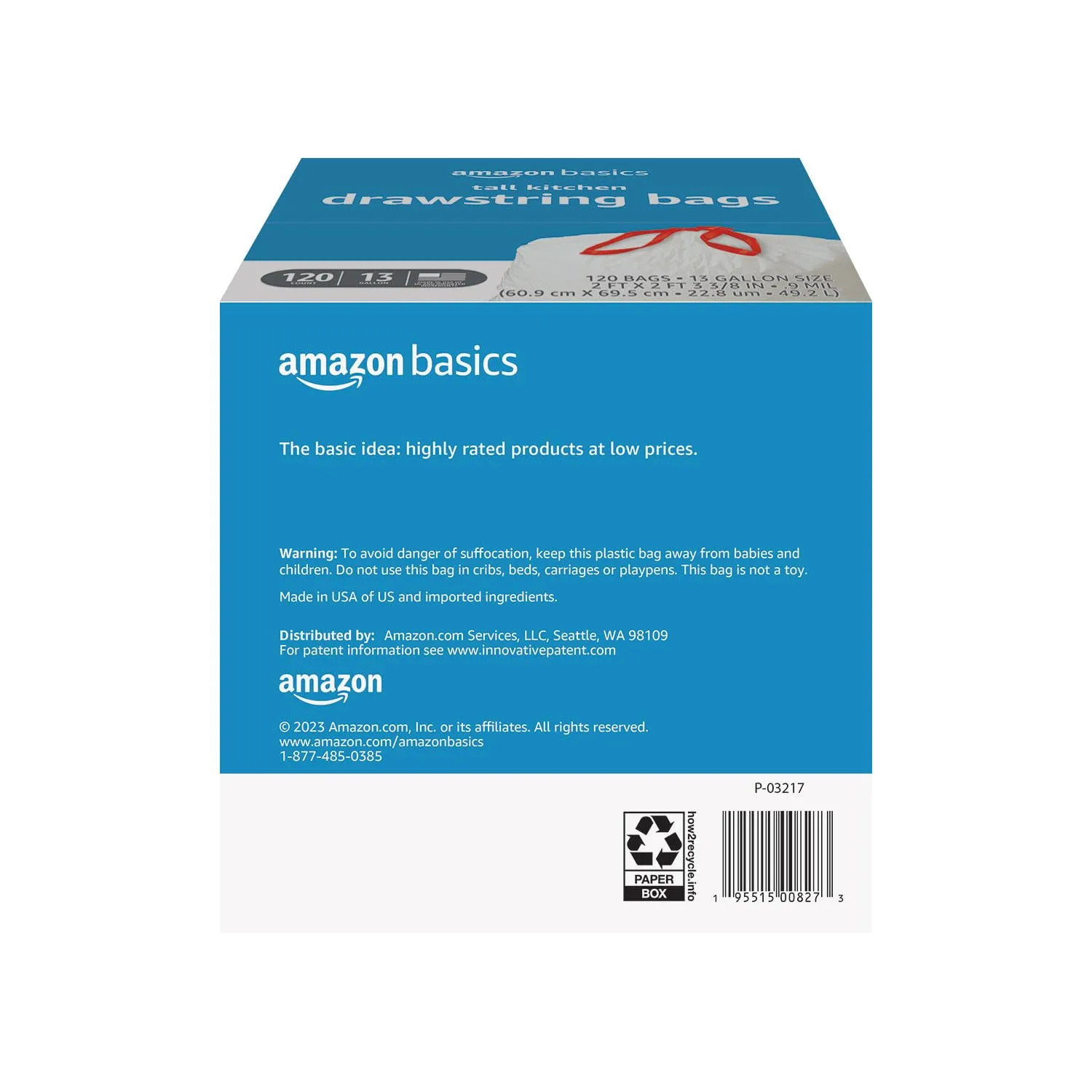 Amazon Basics Tall Kitchen Drawstring Trash Bags, 13 Gallon, 120 Count, Pack of 1