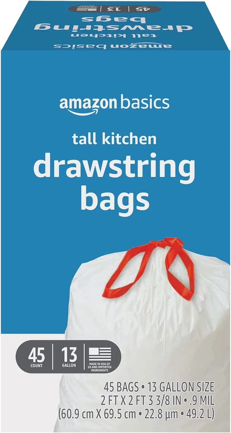 Amazon Basics Tall Kitchen Drawstring Trash Bags, 13 Gallon, Unscented, 120 Count (Previously Solimo)