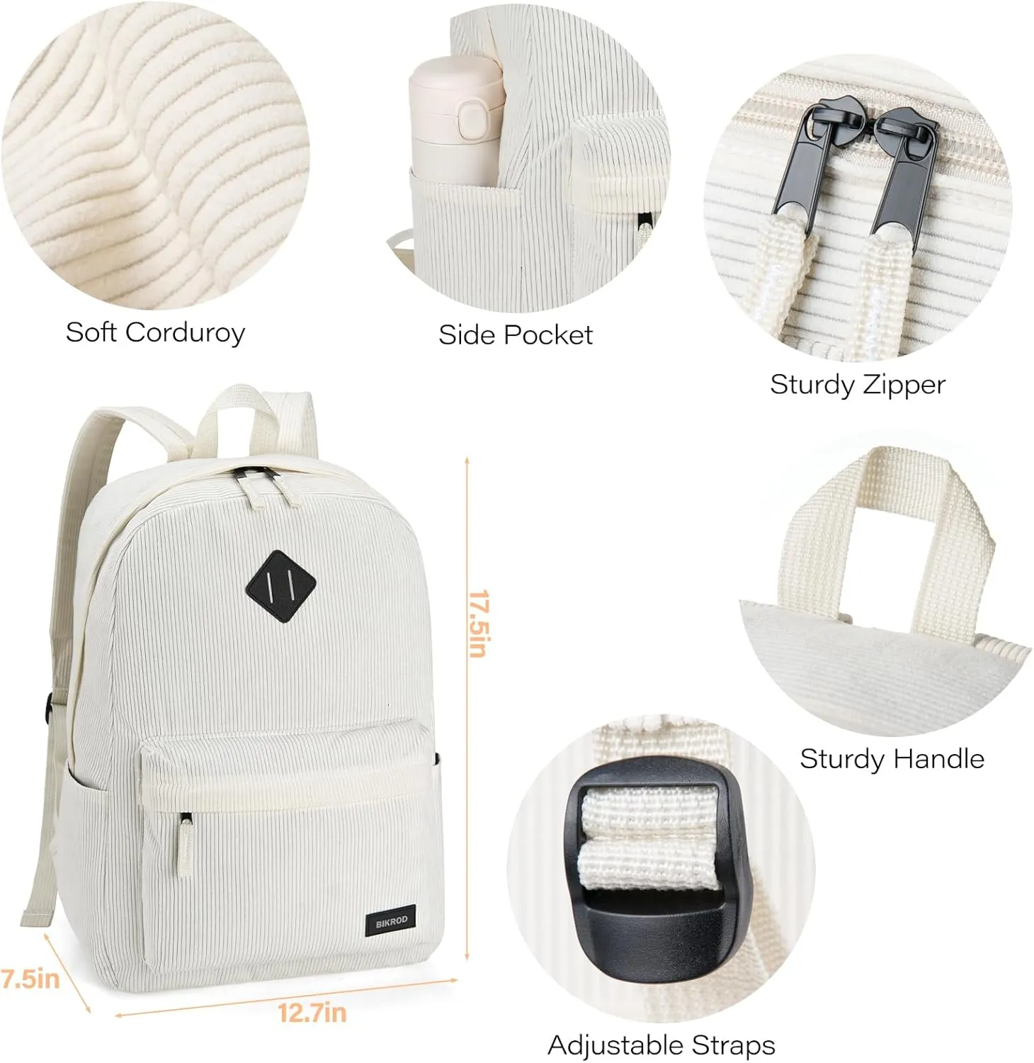 Beige School Backpack for Girls, Boys, Women - Lightweight Casual Soft Corduroy With USB Charging Port, Large Cute Bookbag for Teens, Kids - Fits 15.6 Inch Notebook