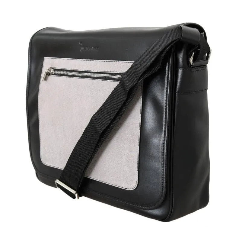 Billionaire Italian Couture Black Gray Leather Messenger Shoulder Bag