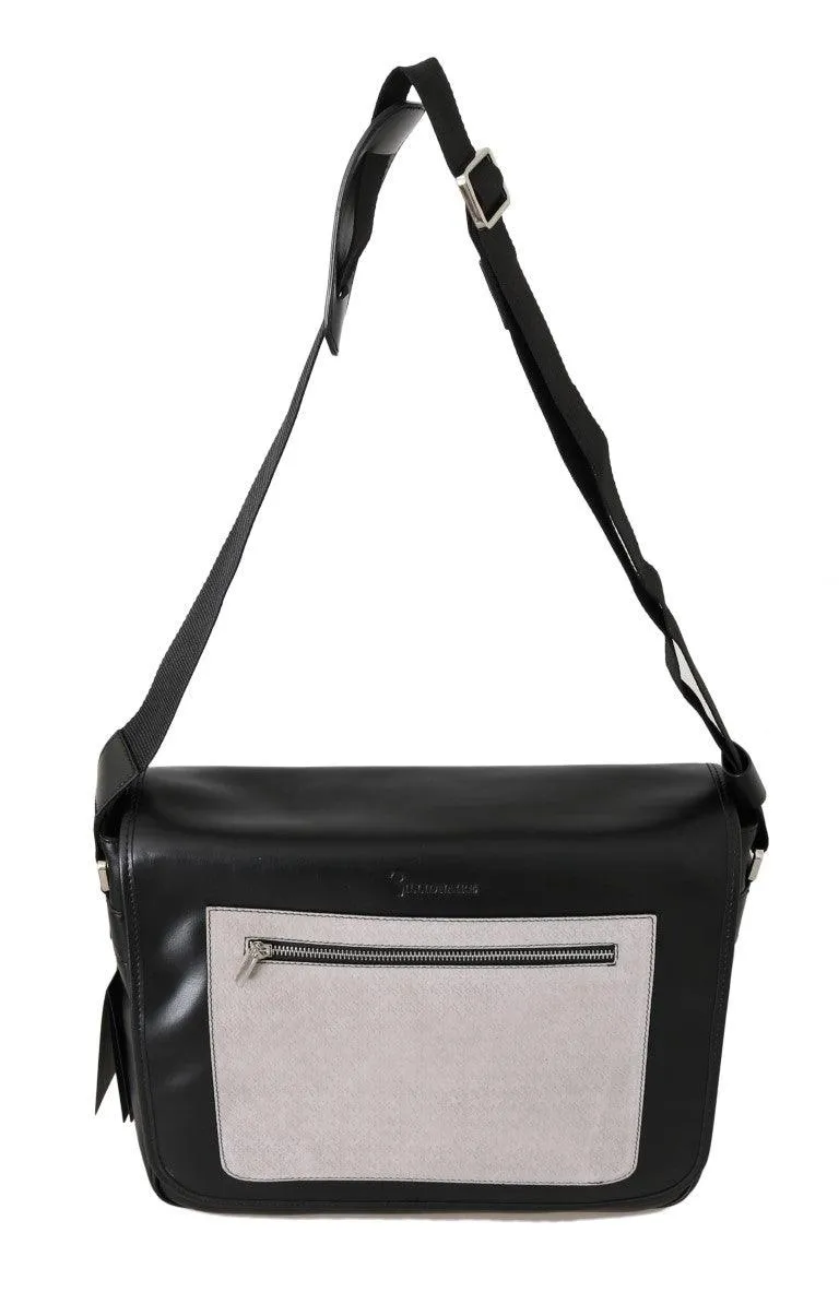 Billionaire Italian Couture Black Gray Leather Messenger Shoulder Bag
