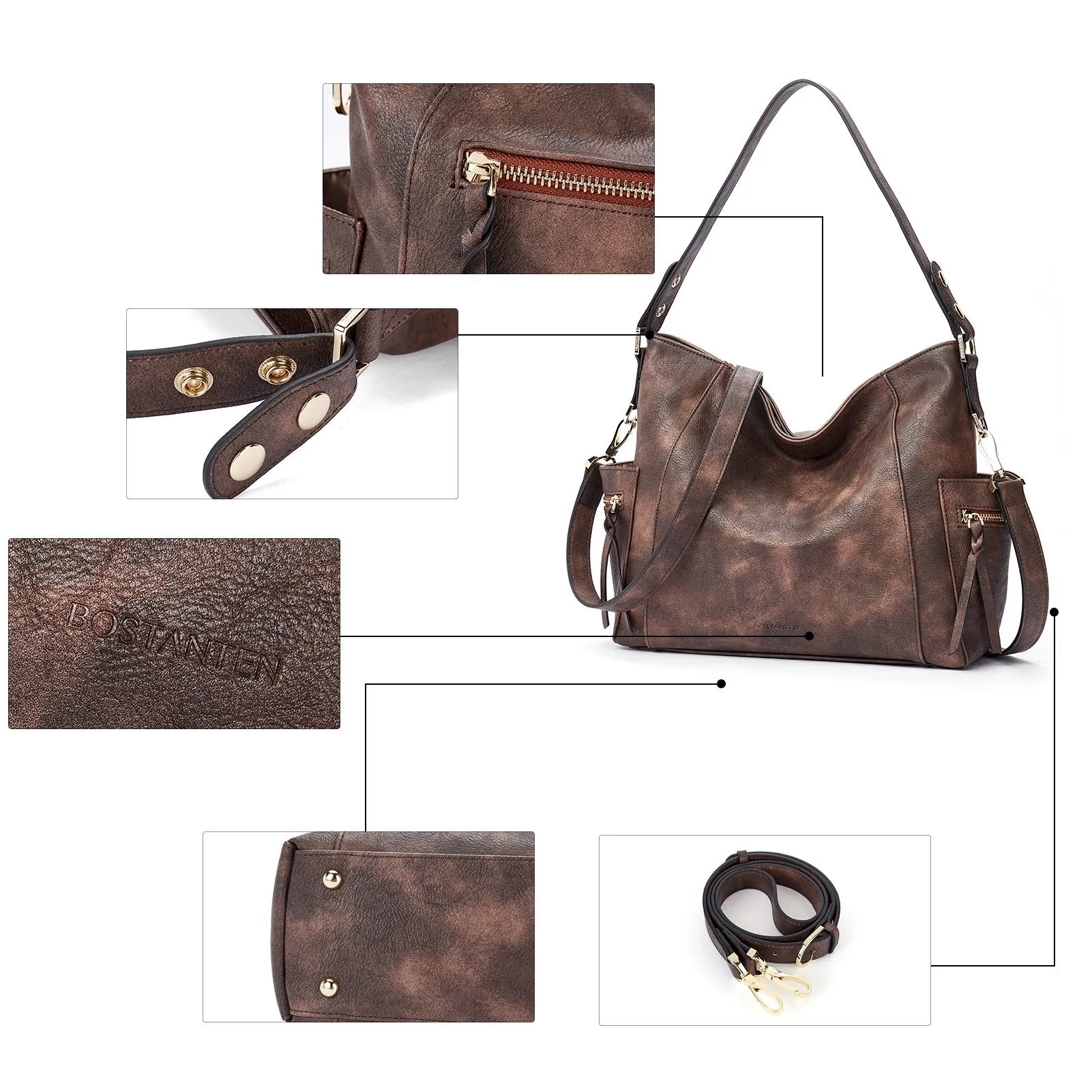 BOSTANTEN Genuine Leather Hobo Handbags Designer Shoulder Tote Purses Crossbody Large Bag for Women