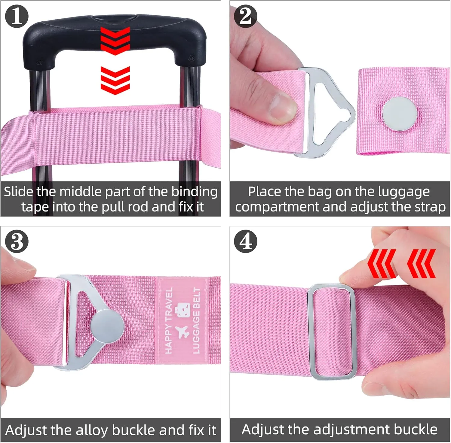 Bylion 2-in-1 Travel Belt for Luggage, Luggage Straps for Add a Bag Adjustable Suitcase Straps with Alloy Buckle Elastic Bungees Belt Hands-Free for Airport, Personalized Travel Accessories (Pink)