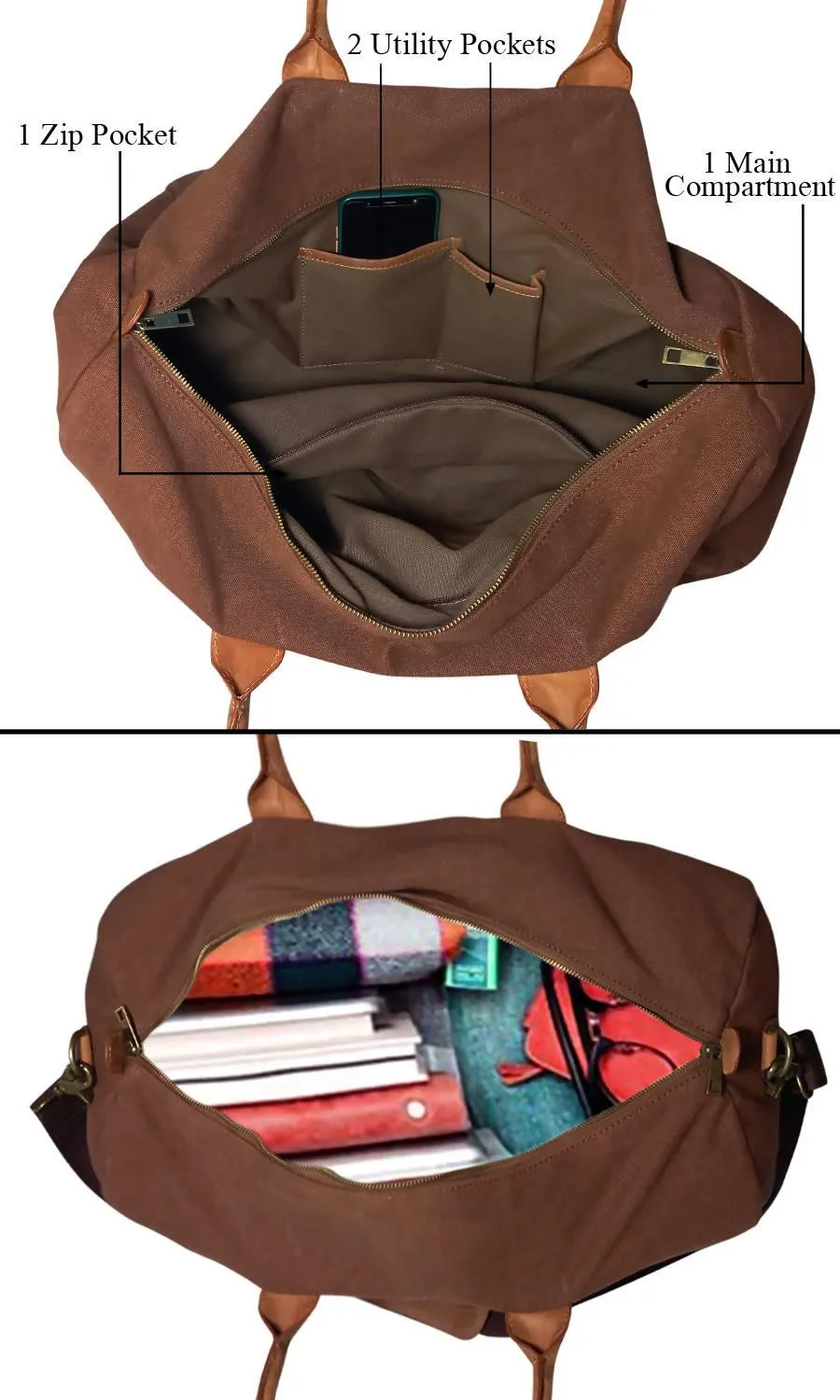 CANVAS & AWL Canvas with Genuine Leather Trim Unisex Travel Duffle Bag, Shoulder Weekender Overnight Bag (Brown)