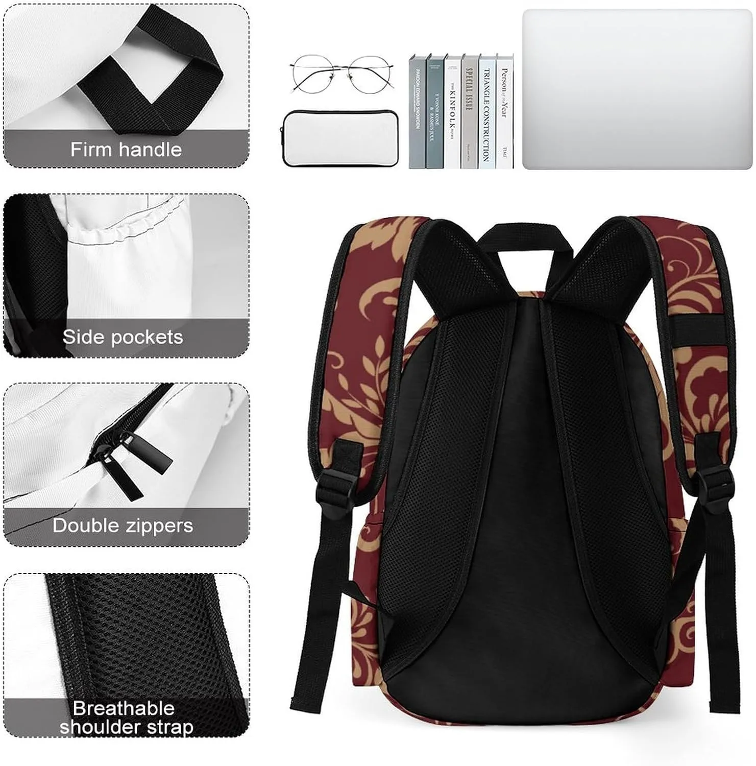 Chestnut Colored Flower Burgundy Casual Lightweight Large Capacity Travel Backpack Unisex