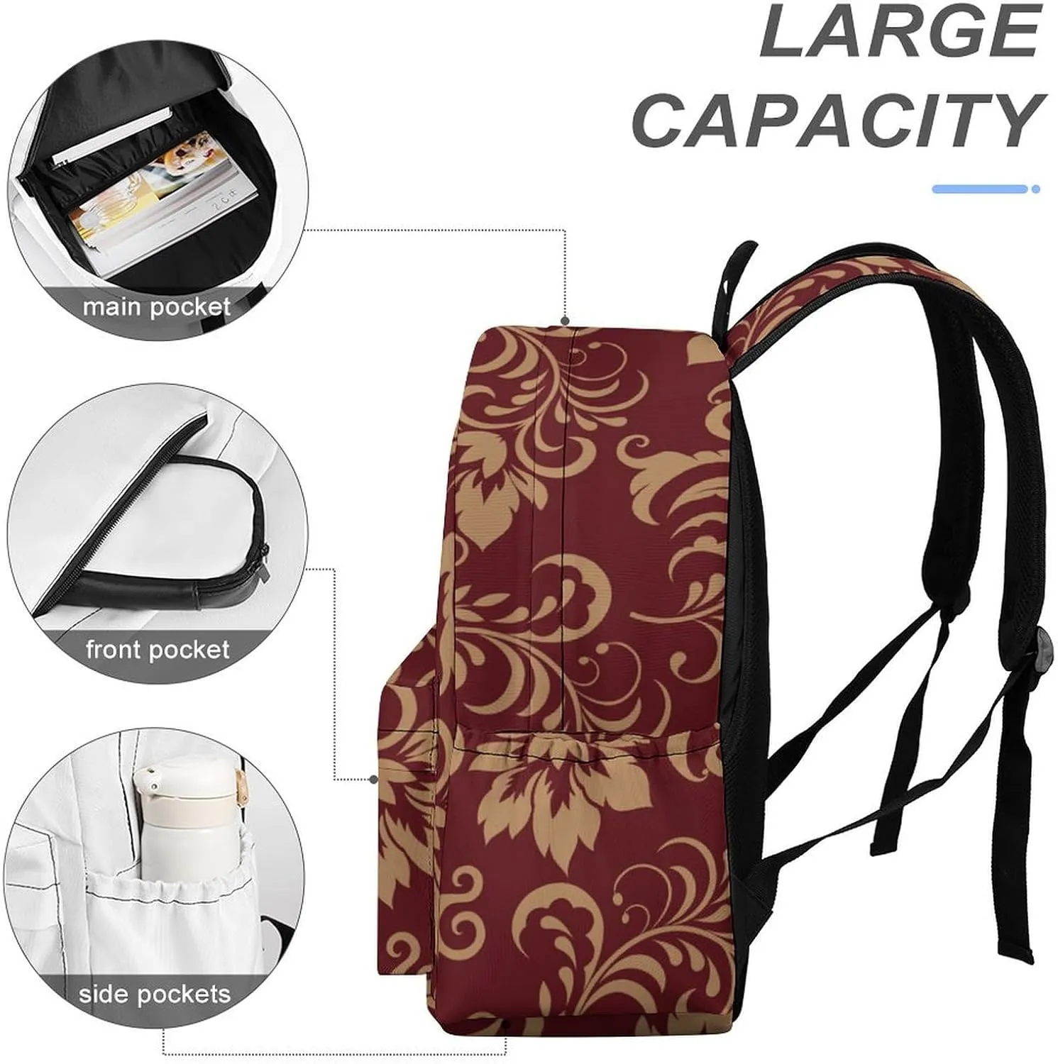 Chestnut Colored Flower Burgundy Casual Lightweight Large Capacity Travel Backpack Unisex