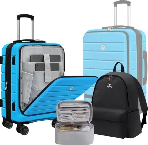 Classic 20" Carry-On Luggage Set with TSA Lock Spinner Wheels, Lightweight Hardside Expandable Suitcase with Front Open Pocket Compartment, Bonus Travel Backpack and Makeup Bag, Blue
