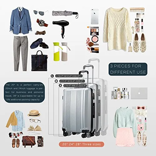 Coolife Luggage Expandable(only 28") Suitcase PC ABS with TSA Lock Spinner 20in 24in 28in (sliver, L(28IN))