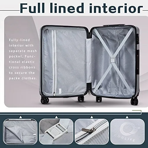Coolife Luggage Expandable(only 28") Suitcase PC ABS with TSA Lock Spinner 20in 24in 28in (sliver, L(28IN))