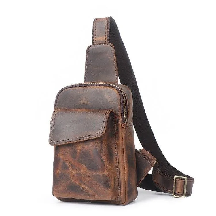 Crazy Horse Leather Chest Pack Men Shoulder Messenger Bag Outdoor Chest Bag
