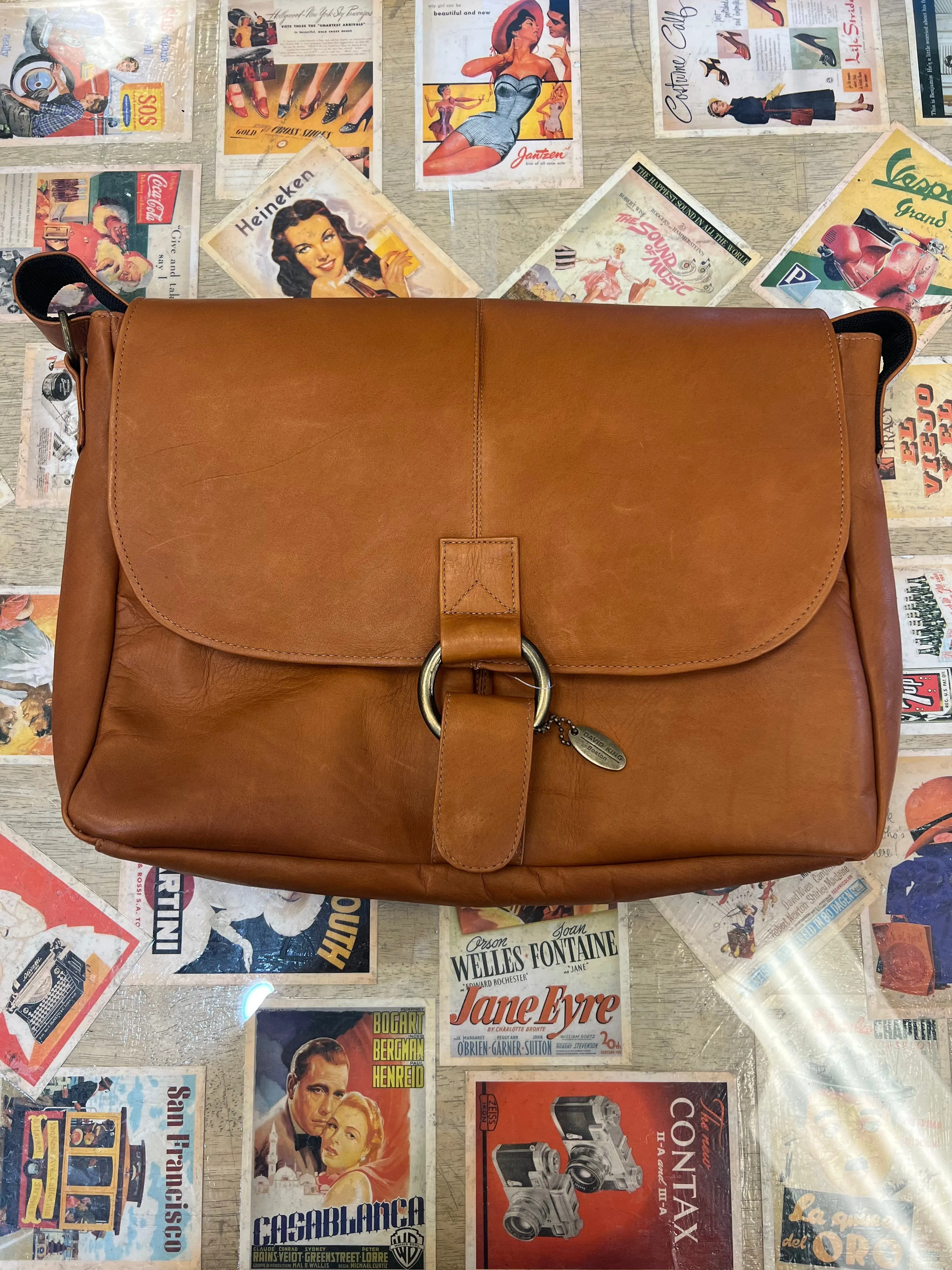 David King & Co. 199 Leather East/West 1/2 Flap Messenger Bag with Large Ring- $155.00