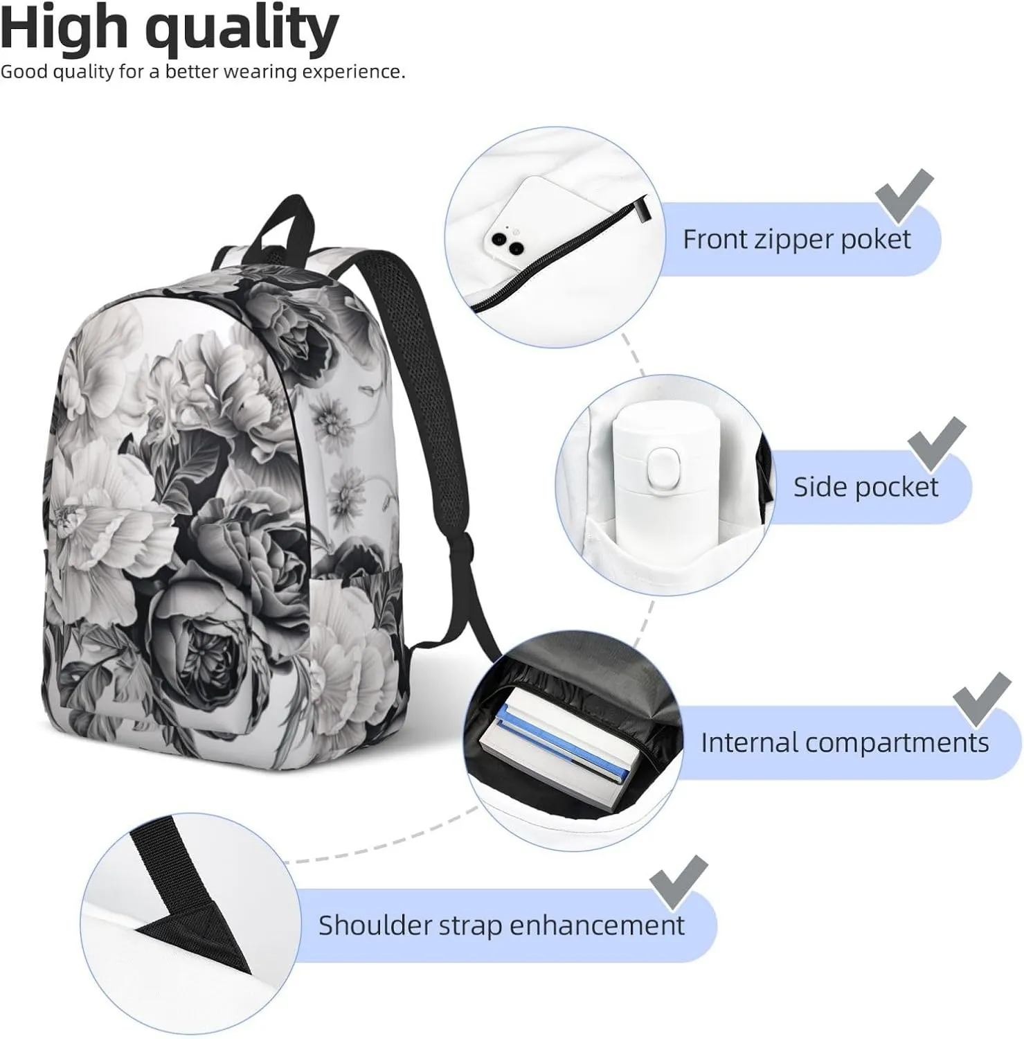 Floral Graphite Canvas Backpack For Men Women,Casual Rucksack Backpack, Laptop College Hiking Travel Bag