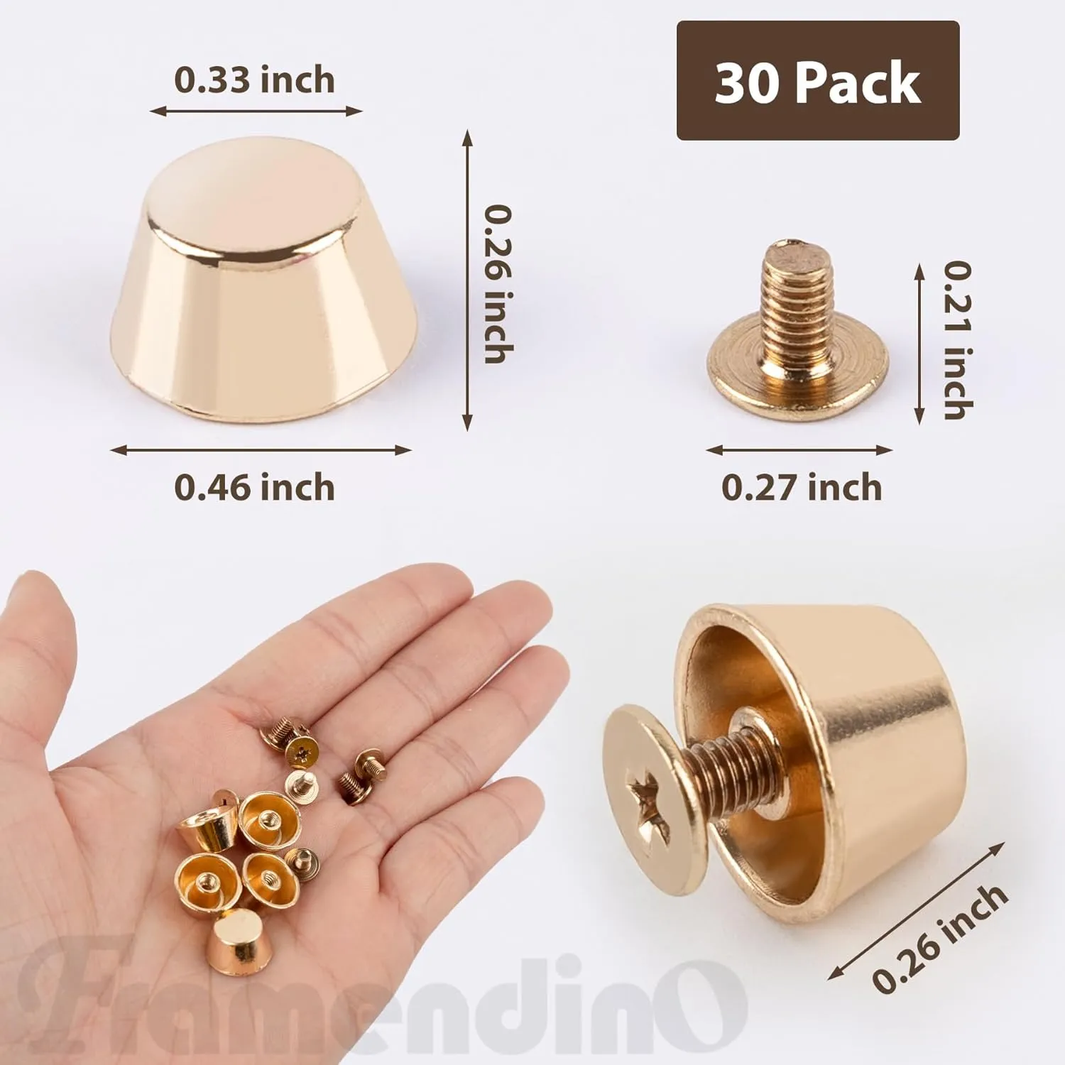 Framendino, 30 Pack Gold Rivets Stud Screw Back Purse Feet Handbag Nail Head Studs Leathercraft Cone Alloy Flat Buckle Spikes for Leather Bag DIY Craft