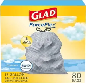 Glad ForceFlex Tall Kitchen Drawstring Trash Bags 13 Gallons, White Trash Bags C78750