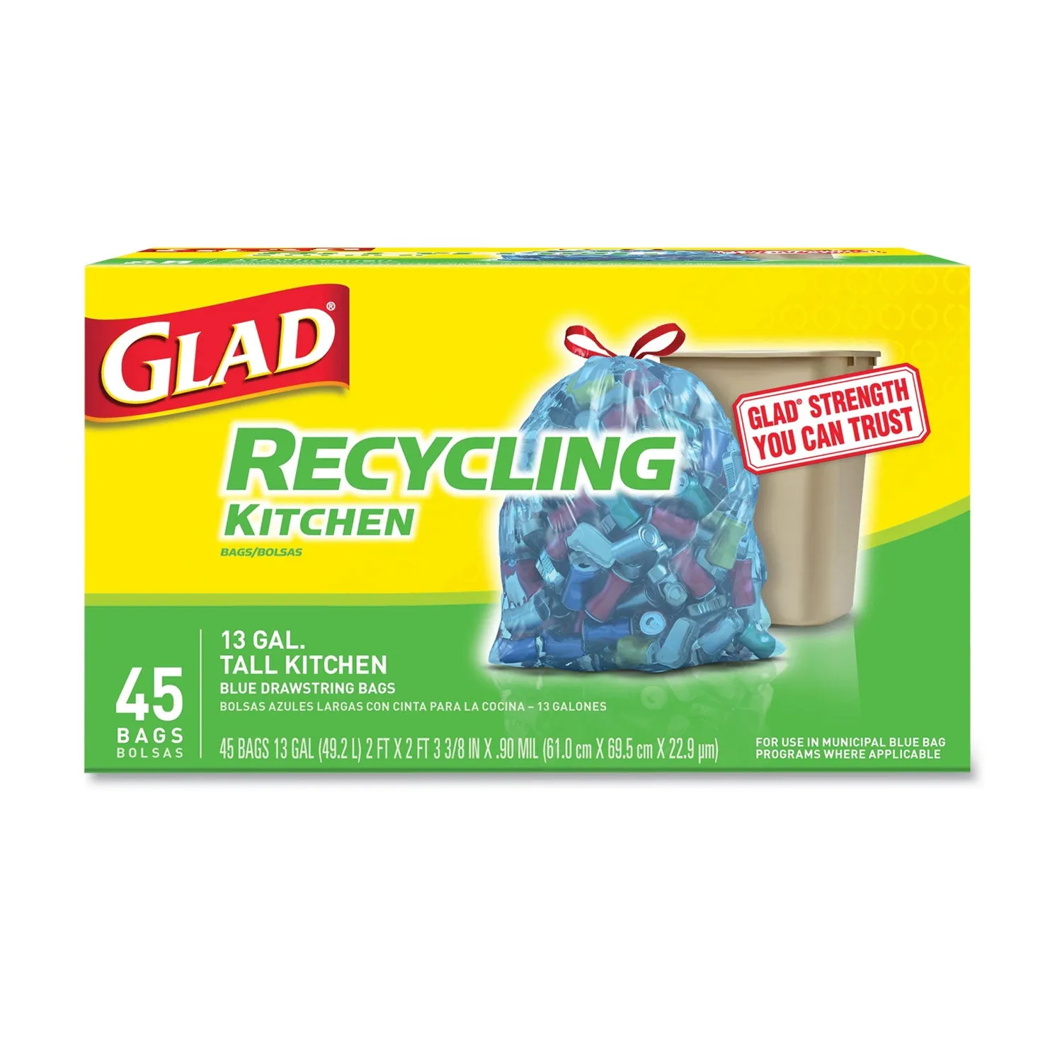 Glad Tall Kitchen Blue Recycling Bags, 13 Gal, 0.9 Mil, Blue, 180/Carton - CLO78542