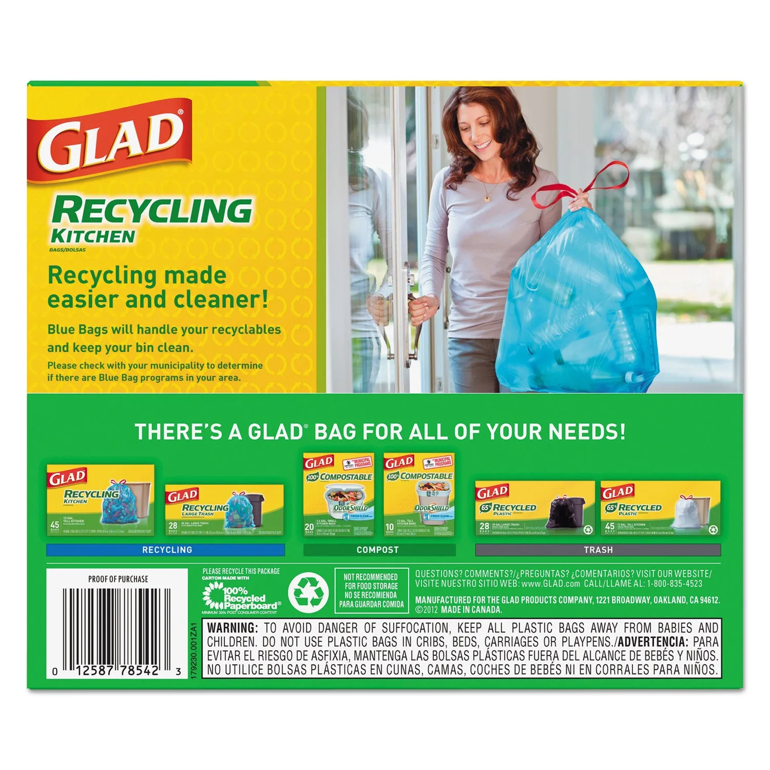 Glad Tall Kitchen Blue Recycling Bags, 13 Gal, 0.9 Mil, Blue, 180/Carton - CLO78542
