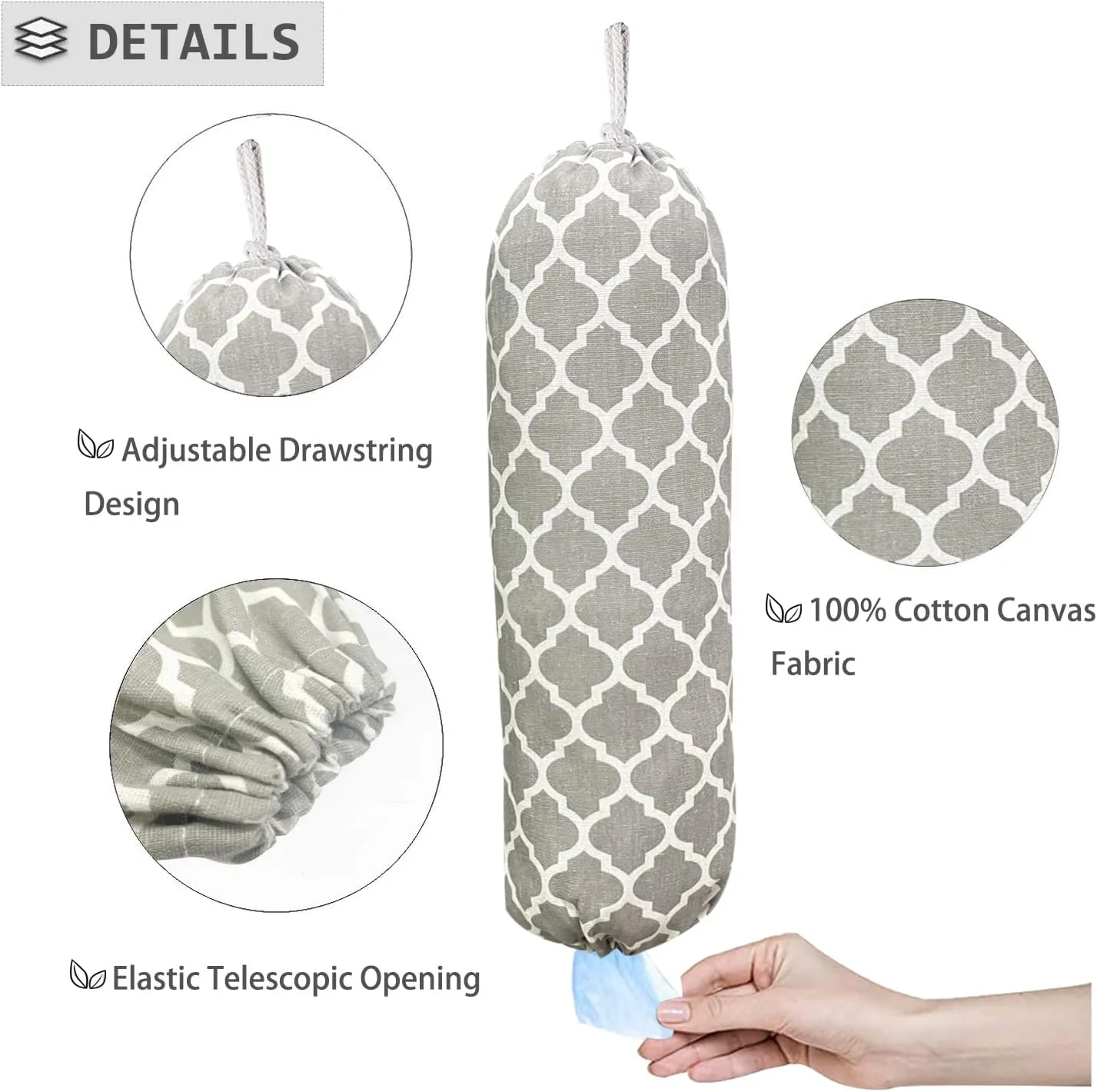 Grey Lantern Wall Mount Plastic Bag Organizer - Washable Large Grocery Bag Storage Dispenser for Home Kitchen Travelling, Free Adjustment with Drawstring