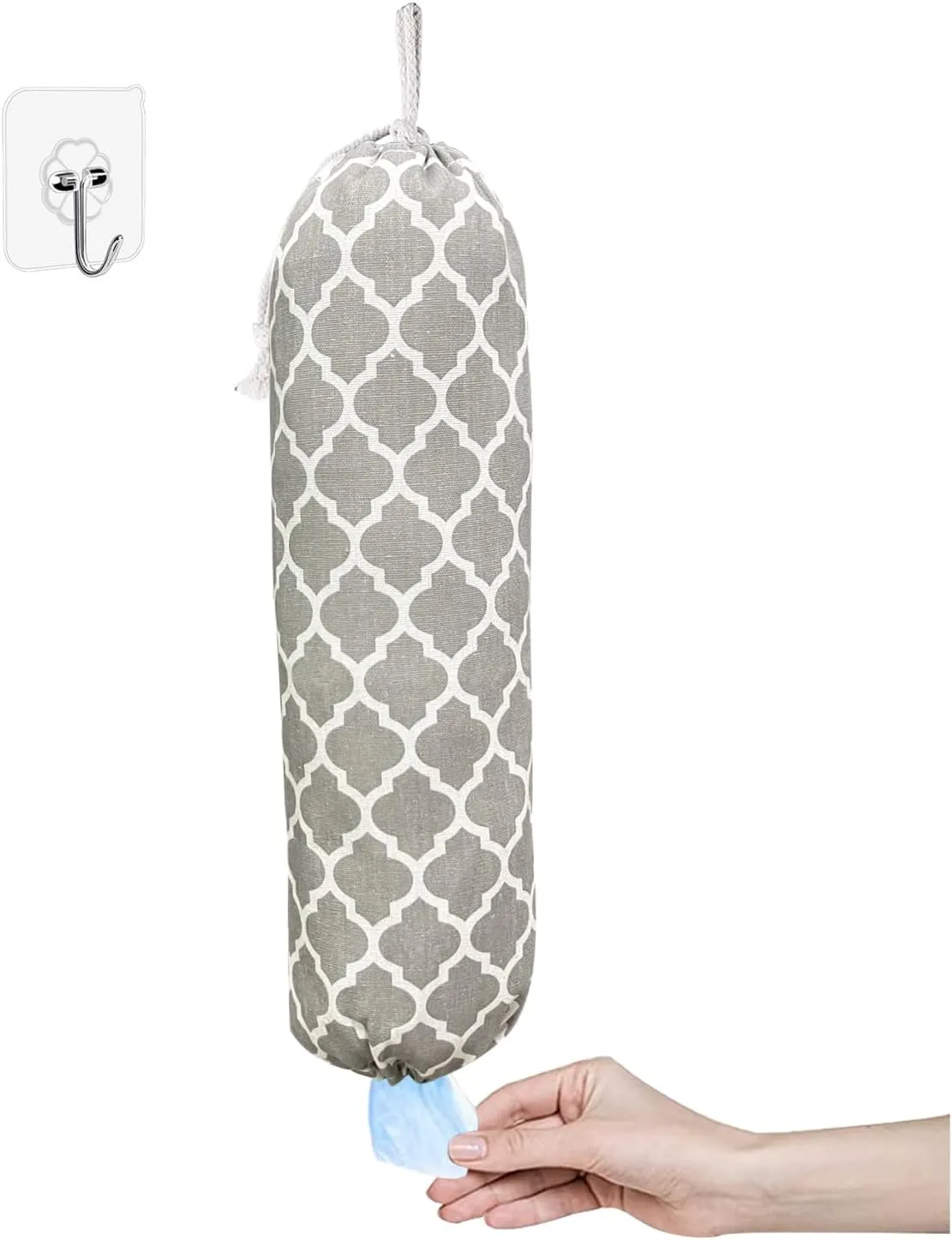 Grey Lantern Wall Mount Plastic Bag Organizer - Washable Large Grocery Bag Storage Dispenser for Home Kitchen Travelling, Free Adjustment with Drawstring