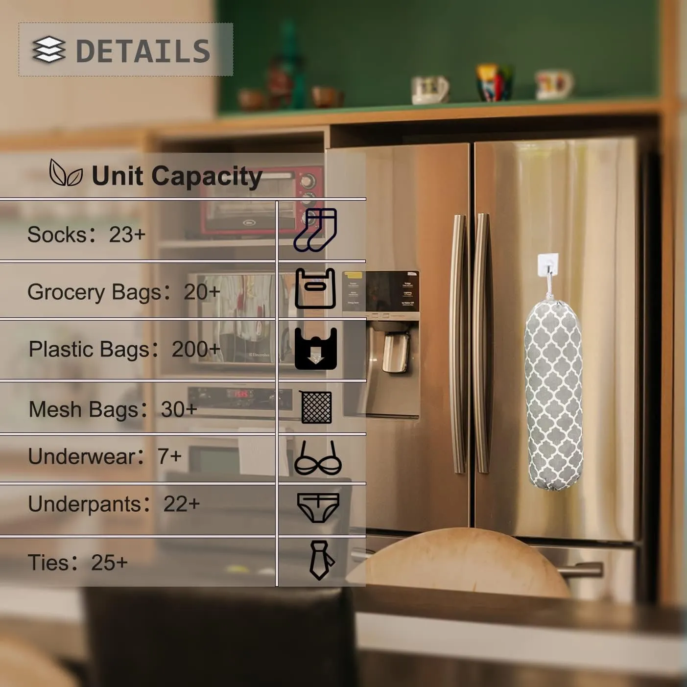 Grey Lantern Wall Mount Plastic Bag Organizer - Washable Large Grocery Bag Storage Dispenser for Home Kitchen Travelling, Free Adjustment with Drawstring