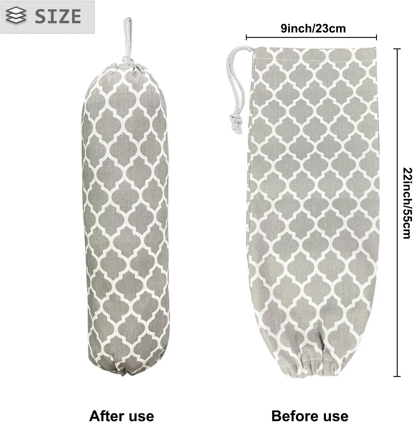 Grey Lantern Wall Mount Plastic Bag Organizer - Washable Large Grocery Bag Storage Dispenser for Home Kitchen Travelling, Free Adjustment with Drawstring