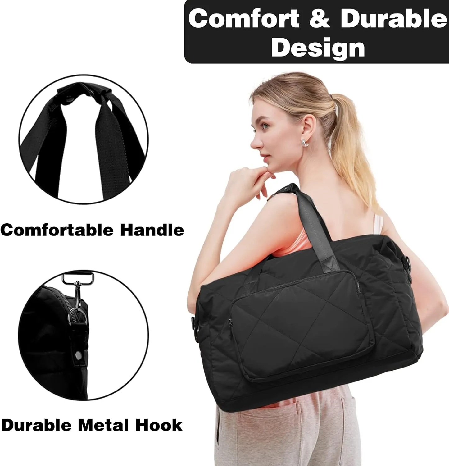 Gym Bag for Women, Duffle Bag for Travel Lightweight Carry on Weekender Duffel (18Inch & 23L Black)