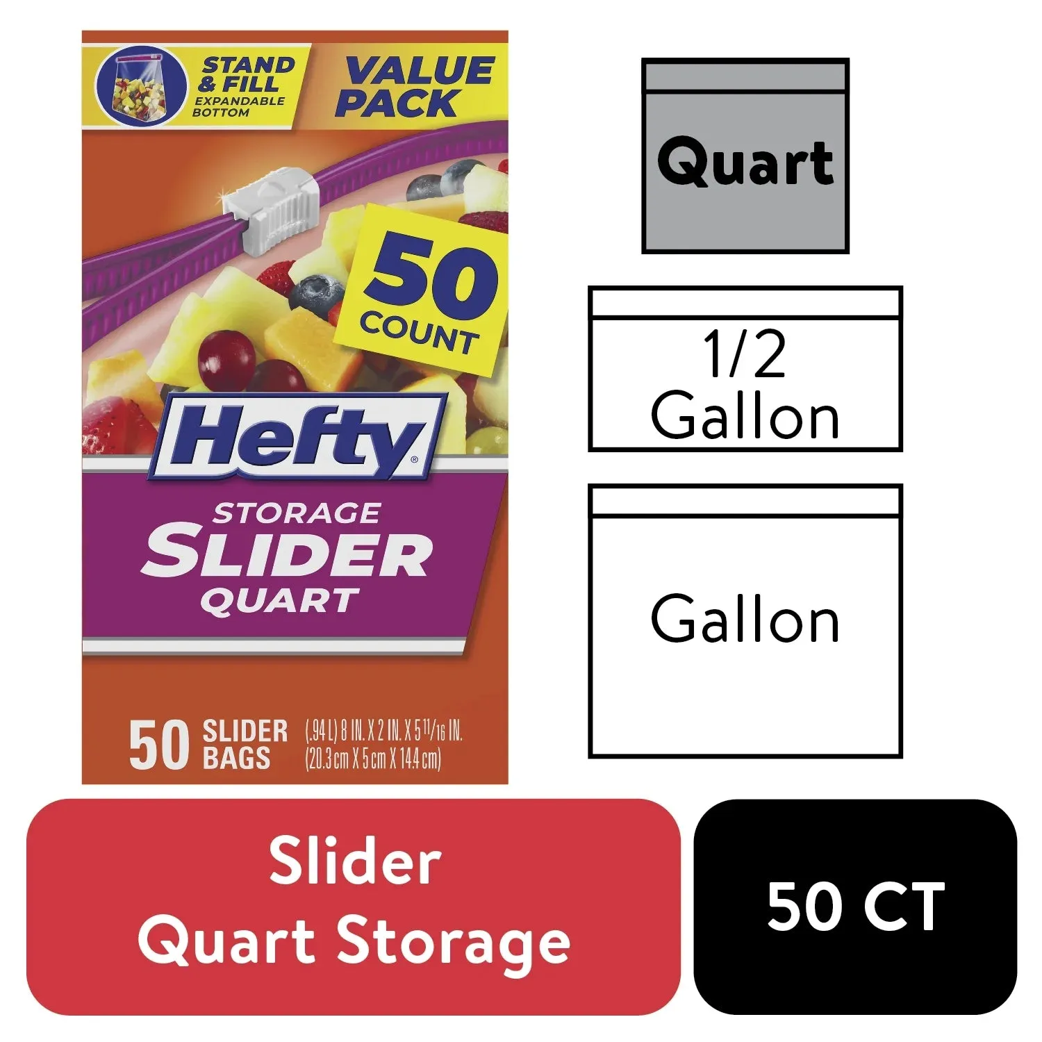 Hefty Slider Storage Bags, Quart Size, 50 Count