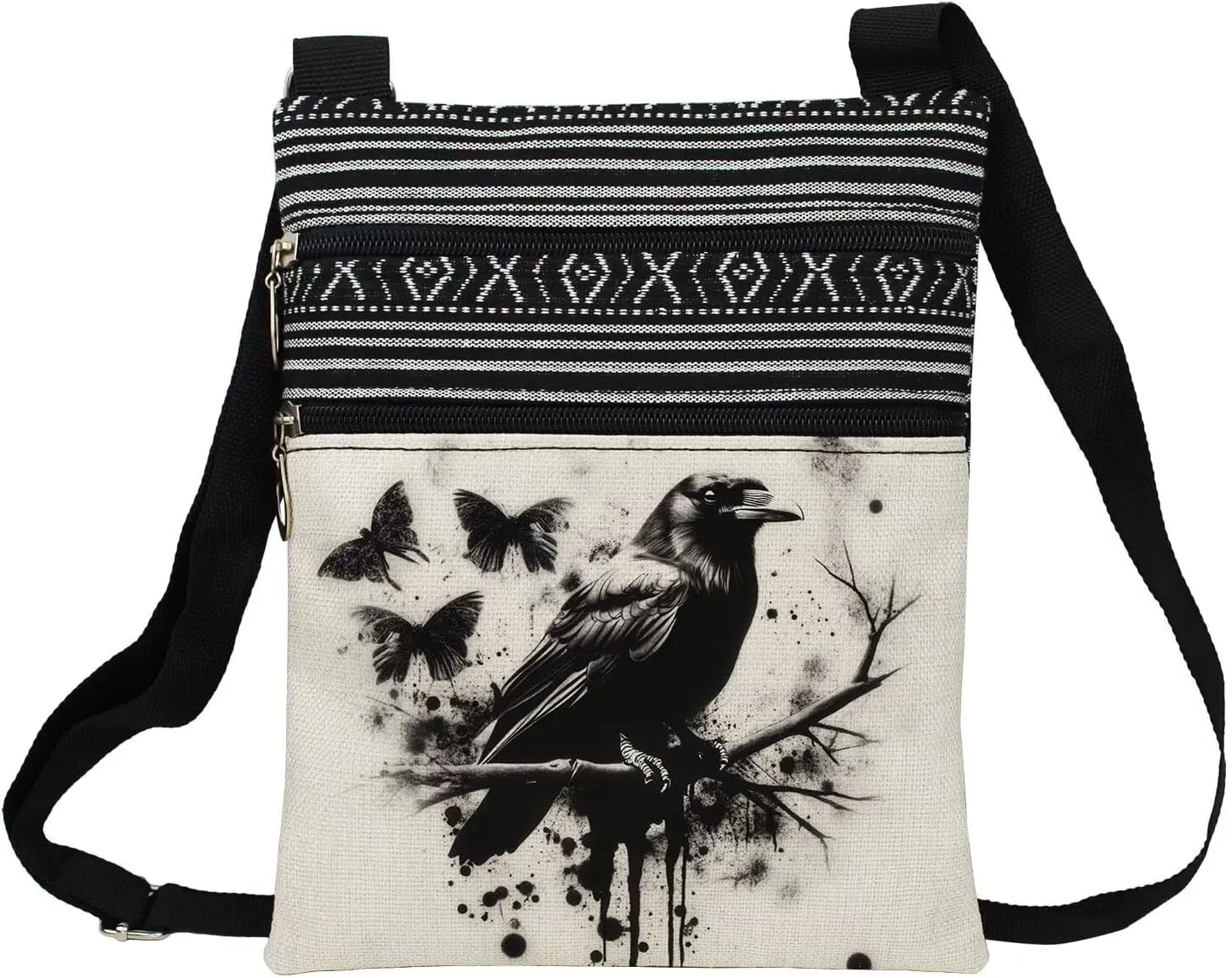 Ink Crow Messenger Bag Small Ethnic Pattern Printed Adjustable Strap Crossbody Zipper Bag Ink Crow Phone Bag Wallet Cute Shoulder Handbag for Women Friends -2