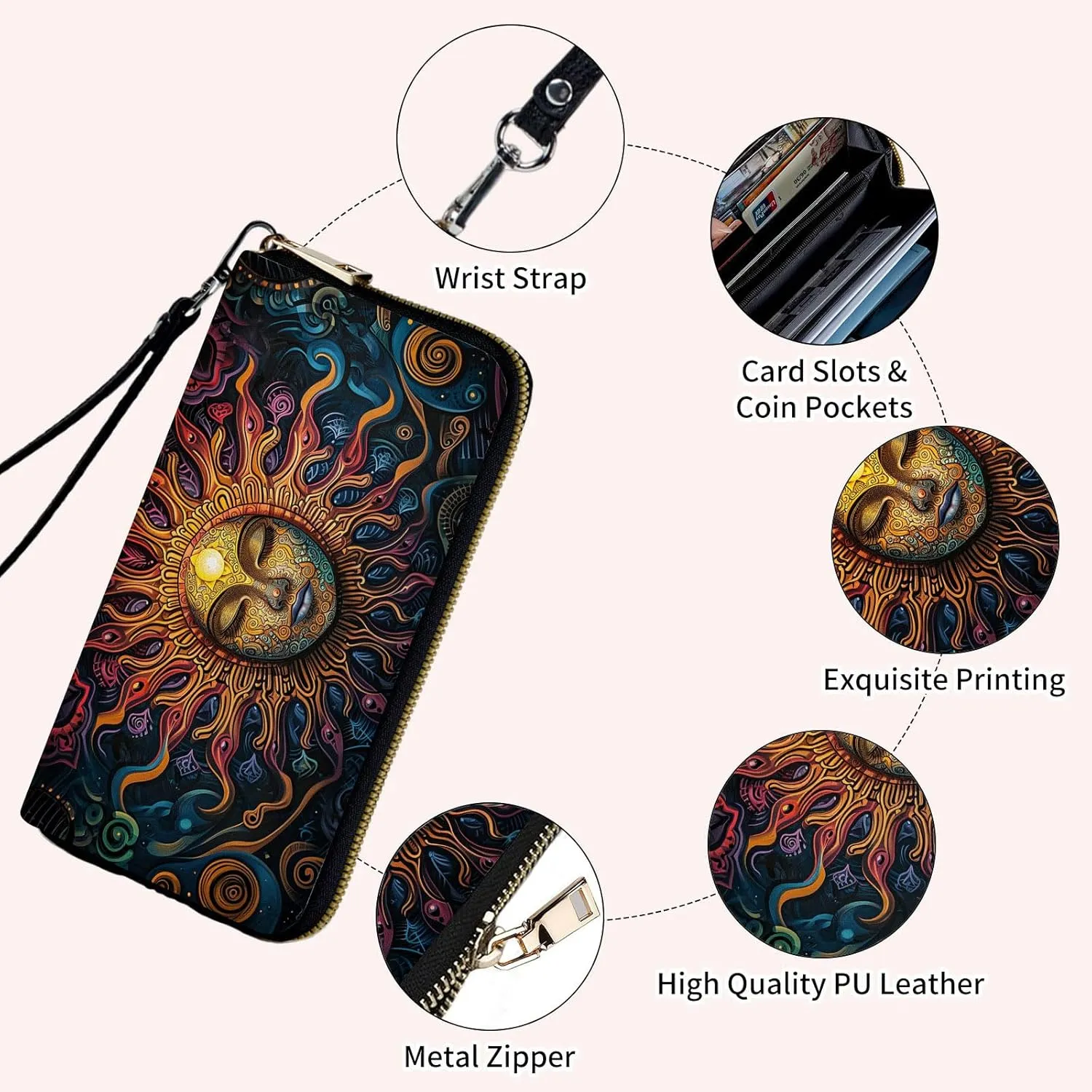 Ladies Wallet,Clutch Purses for Women Wallets Leather Credit Card Holder for Women Wristlet Slim Small Cute with Zipper,Thin RFID Blocking with Wrist Strap,Cute Sun