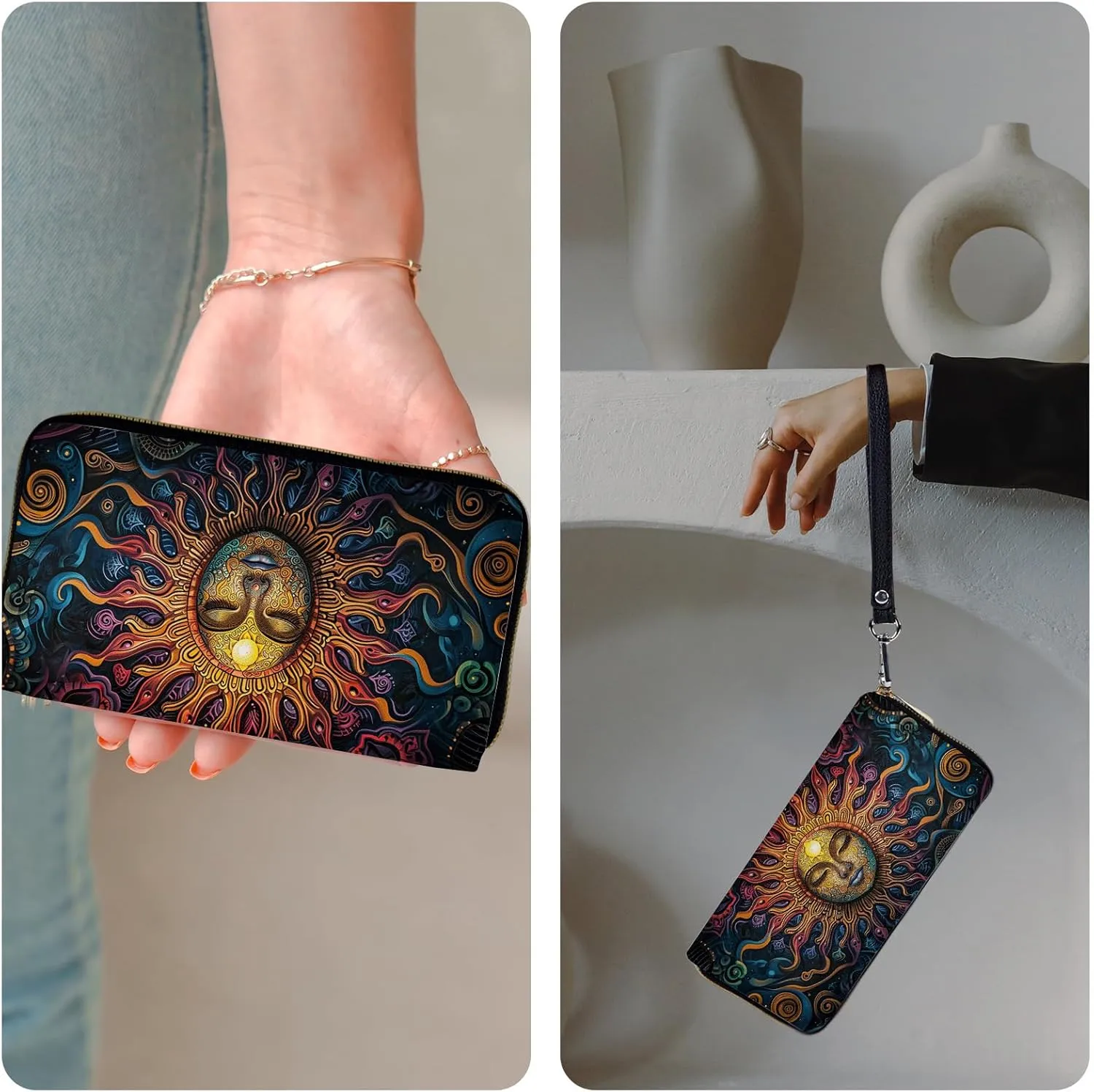 Ladies Wallet,Clutch Purses for Women Wallets Leather Credit Card Holder for Women Wristlet Slim Small Cute with Zipper,Thin RFID Blocking with Wrist Strap,Cute Sun