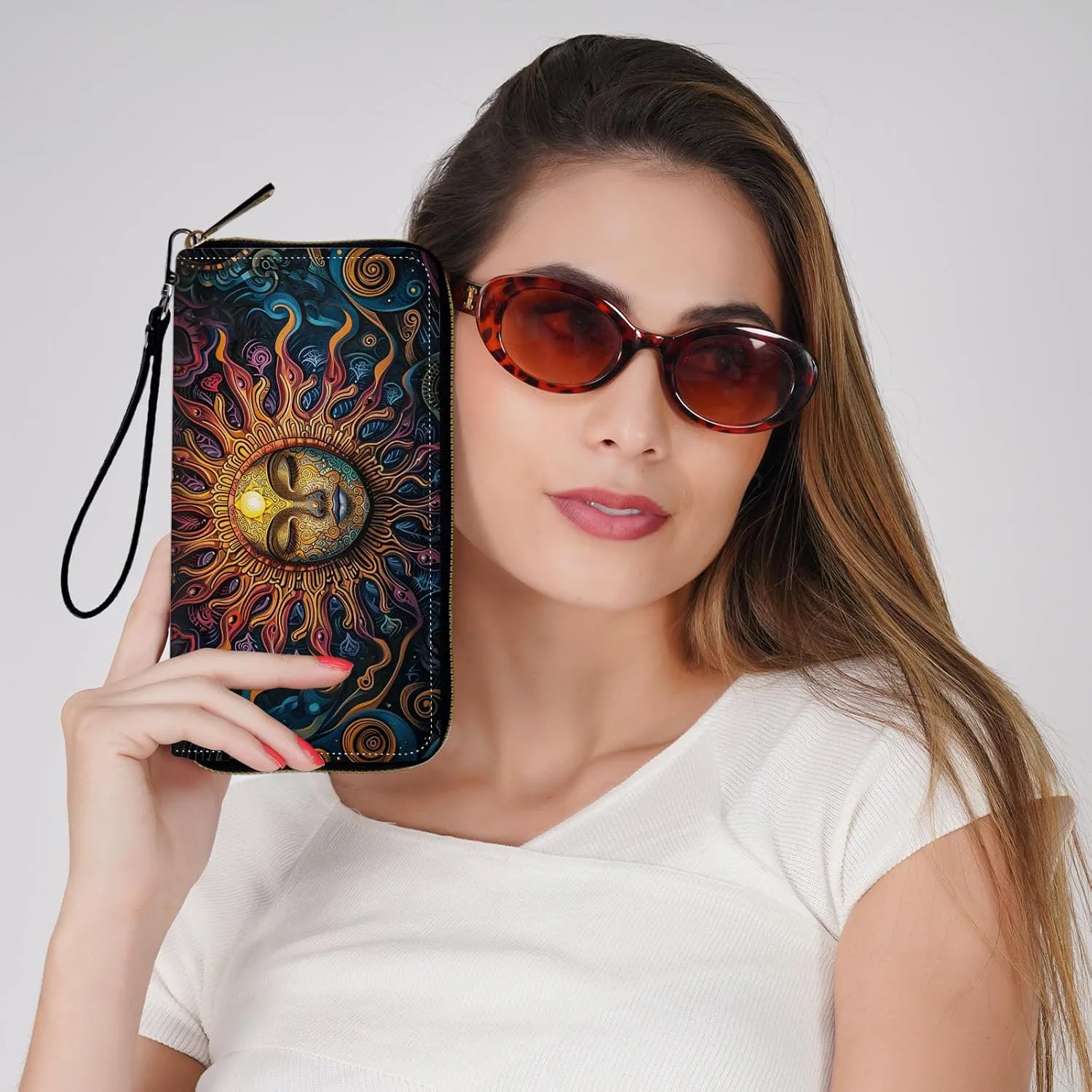 Ladies Wallet,Clutch Purses for Women Wallets Leather Credit Card Holder for Women Wristlet Slim Small Cute with Zipper,Thin RFID Blocking with Wrist Strap,Cute Sun