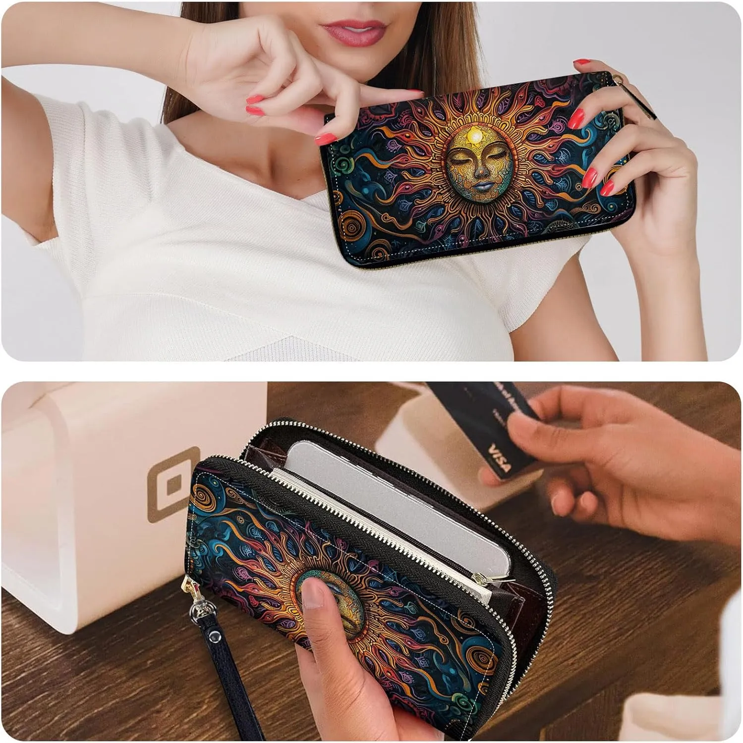 Ladies Wallet,Clutch Purses for Women Wallets Leather Credit Card Holder for Women Wristlet Slim Small Cute with Zipper,Thin RFID Blocking with Wrist Strap,Cute Sun