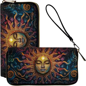 Ladies Wallet,Clutch Purses for Women Wallets Leather Credit Card Holder for Women Wristlet Slim Small Cute with Zipper,Thin RFID Blocking with Wrist Strap,Cute Sun
