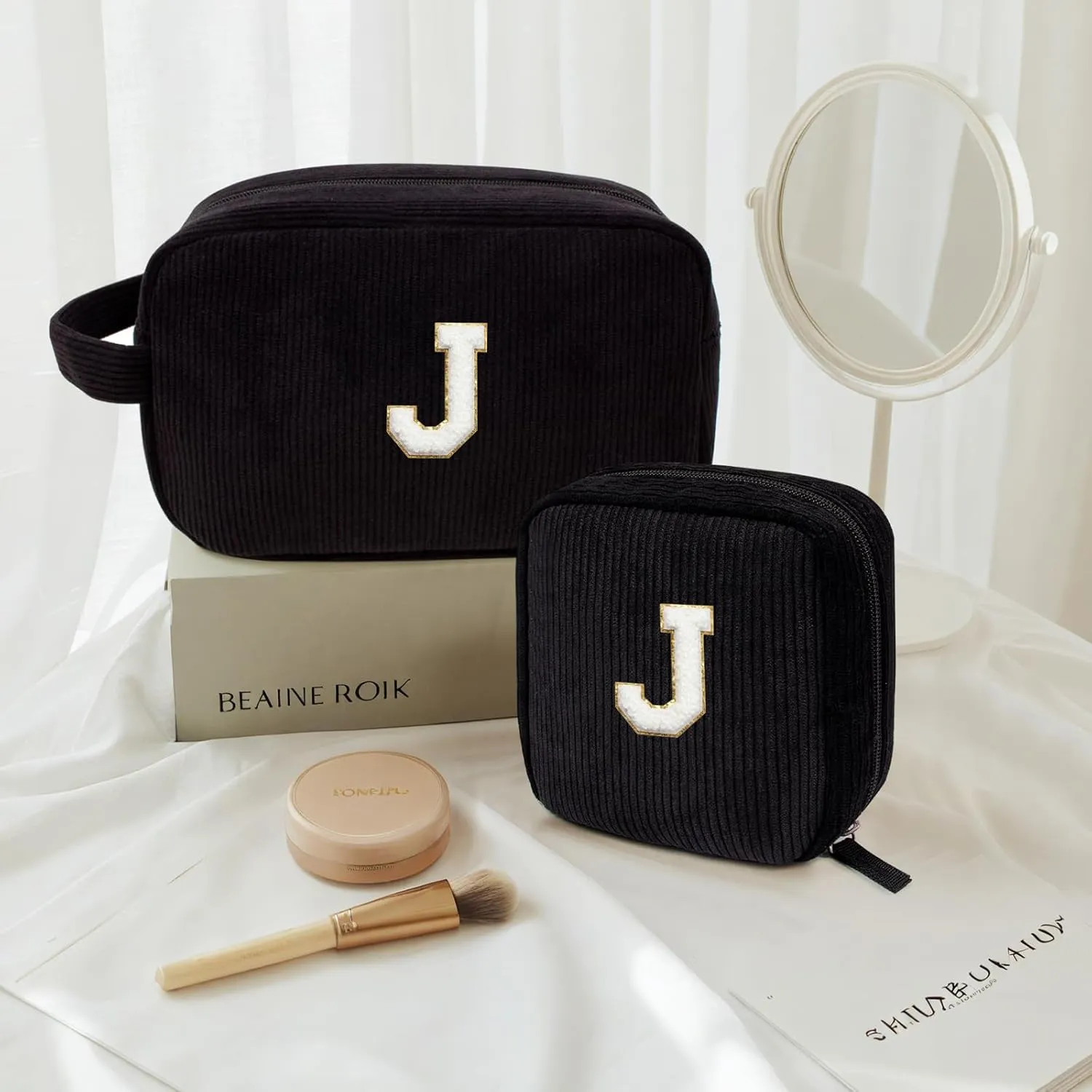 LETGO Birthday Gifts for Women Small Personalized Initial Monogram Makeup Bag,Preppy Corduroy Makeup Bags Travel Toiletry Bag Cute Pouch Purse for Her Mom Girlfriend Wife Sister Teacher Bridesmaid