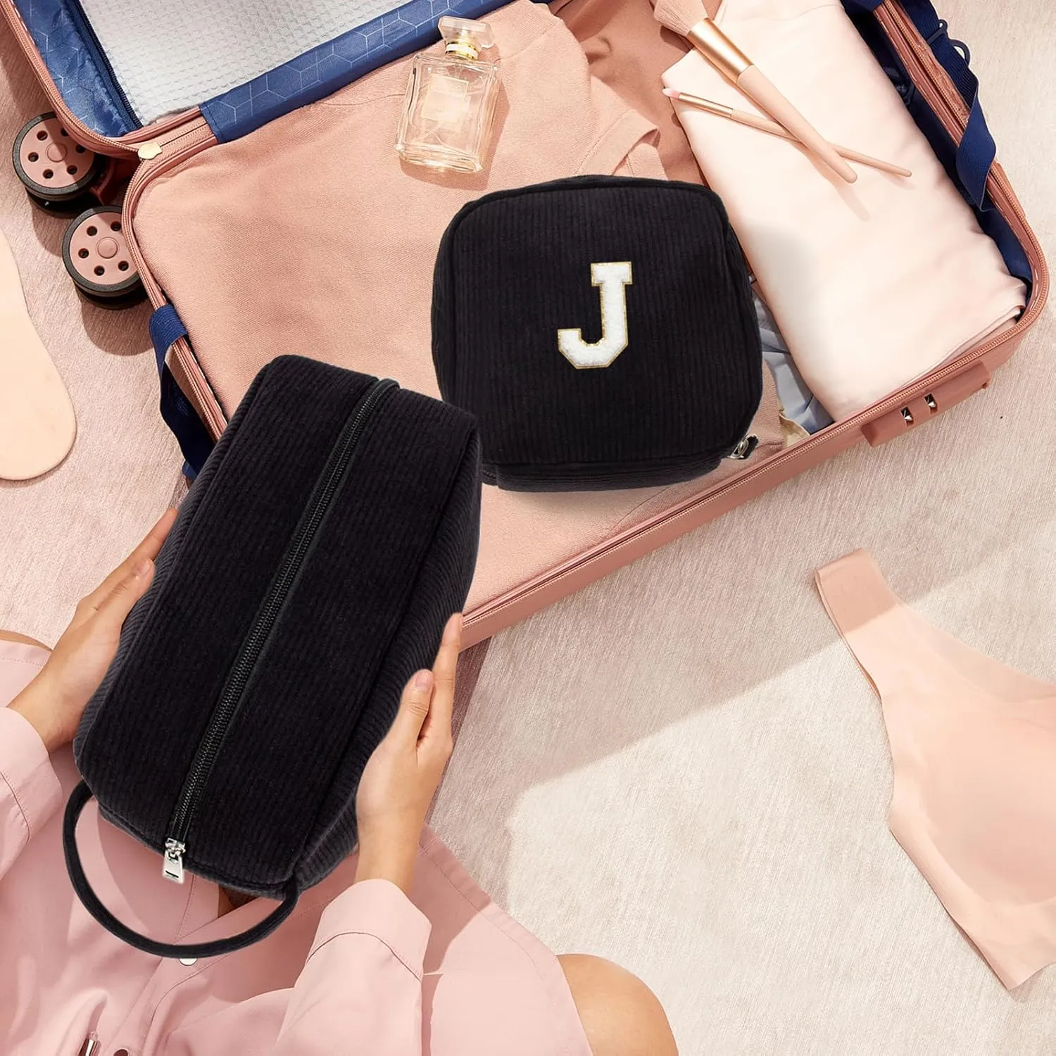 LETGO Birthday Gifts for Women Small Personalized Initial Monogram Makeup Bag,Preppy Corduroy Makeup Bags Travel Toiletry Bag Cute Pouch Purse for Her Mom Girlfriend Wife Sister Teacher Bridesmaid