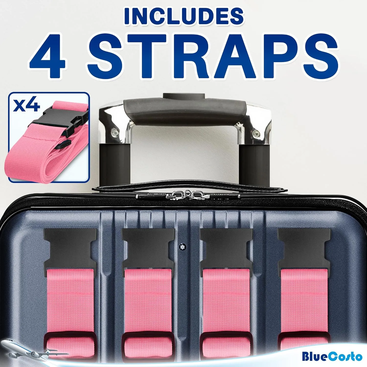 Luggage Straps for Suitcases - TSA Approved - Pink, 4 PK - Premium Nylon Belts for Suitcase, Briefcase & Travel Bag - Adjustable Strap Length 46" - 78"
