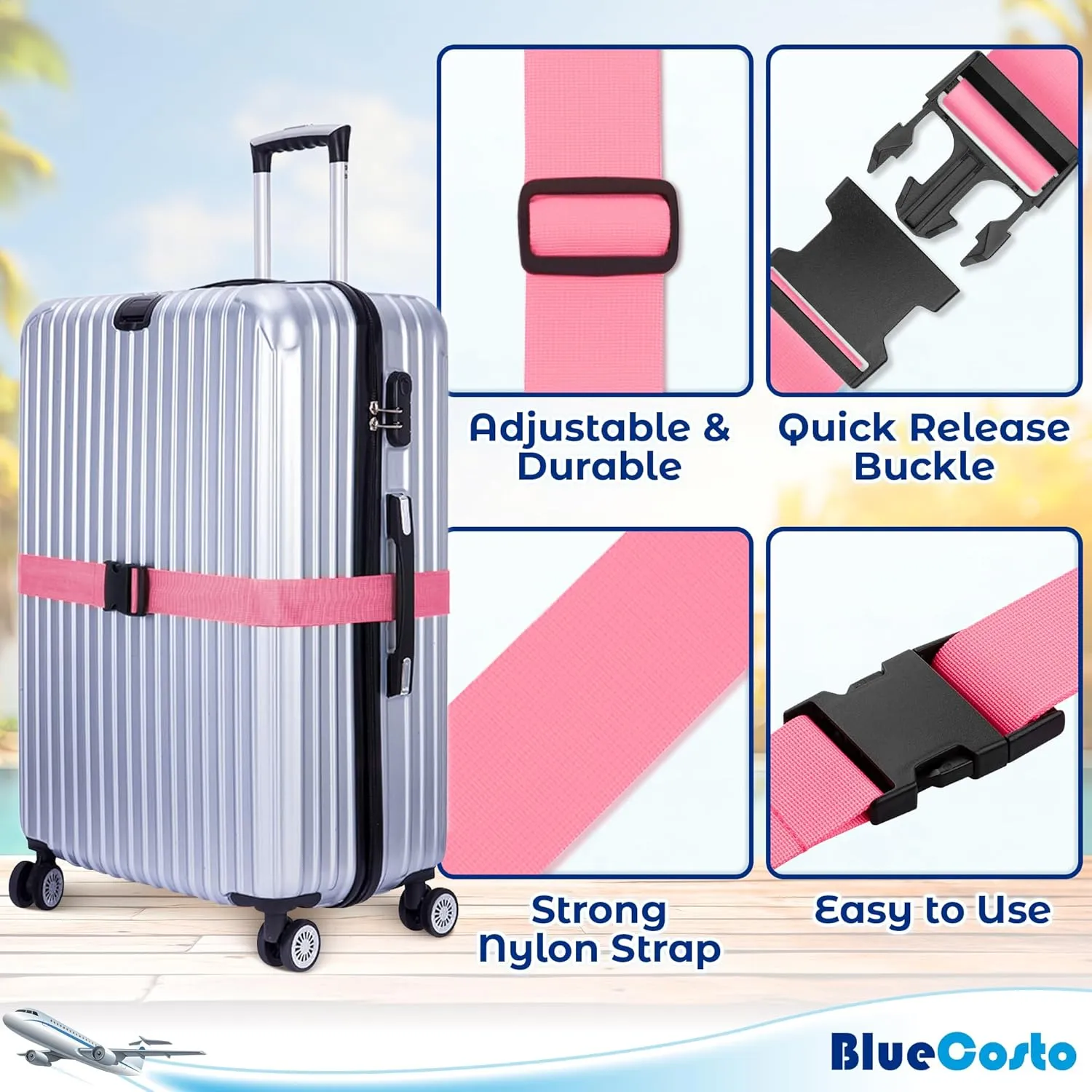 Luggage Straps for Suitcases - TSA Approved - Pink, 4 PK - Premium Nylon Belts for Suitcase, Briefcase & Travel Bag - Adjustable Strap Length 46" - 78"