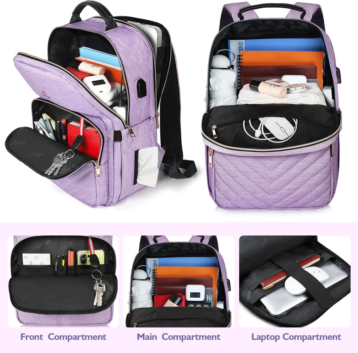 MATEIN Laptop Backpack for Women, Anti Theft 15.6 inch College School Bookbag for Girls with USB Charging Port, Water Resistant Stylish Travel Computer Work Backpack with for Nurse, Purple