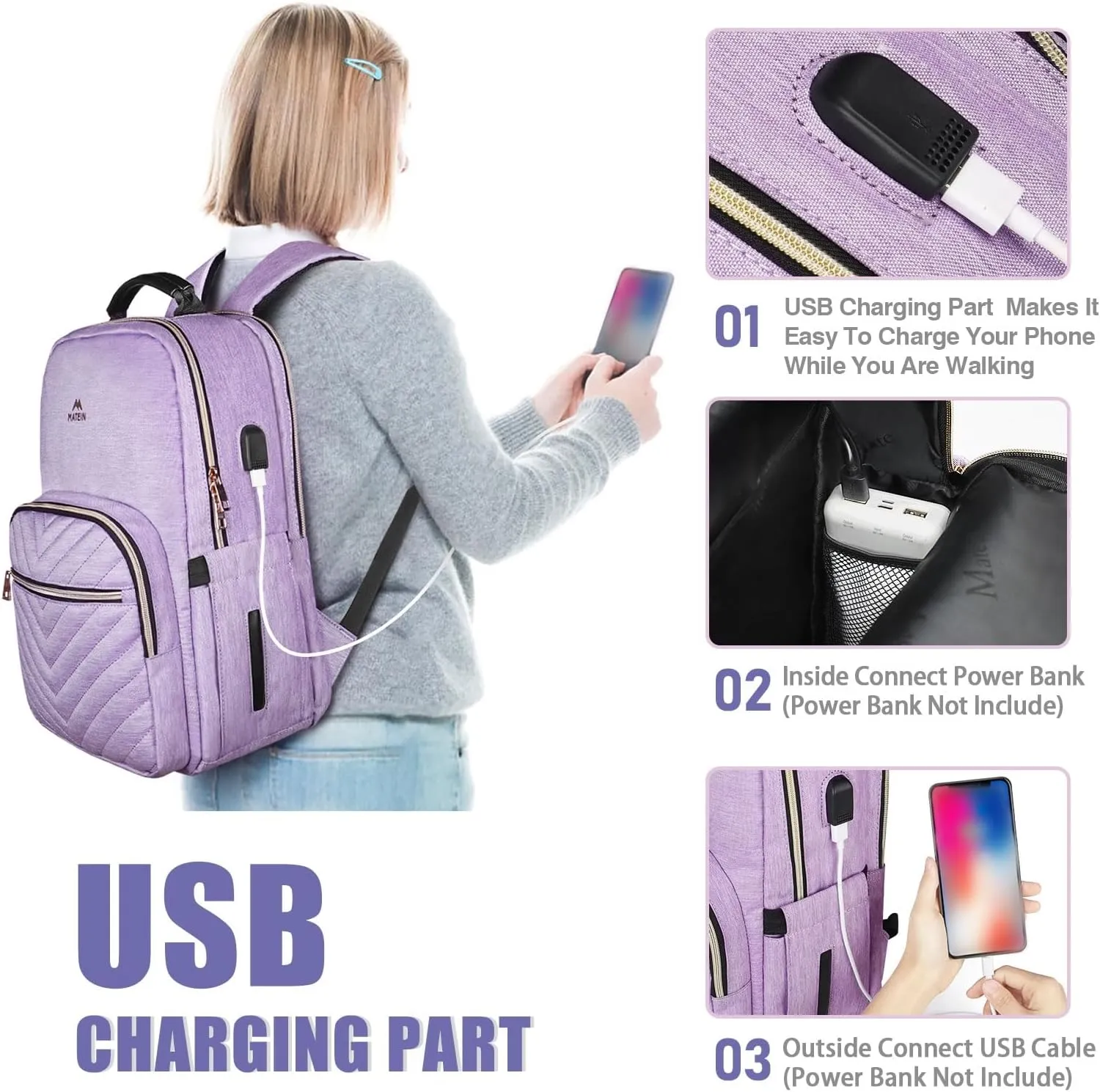 MATEIN Laptop Backpack for Women, Anti Theft 15.6 inch College School Bookbag for Girls with USB Charging Port, Water Resistant Stylish Travel Computer Work Backpack with for Nurse, Purple