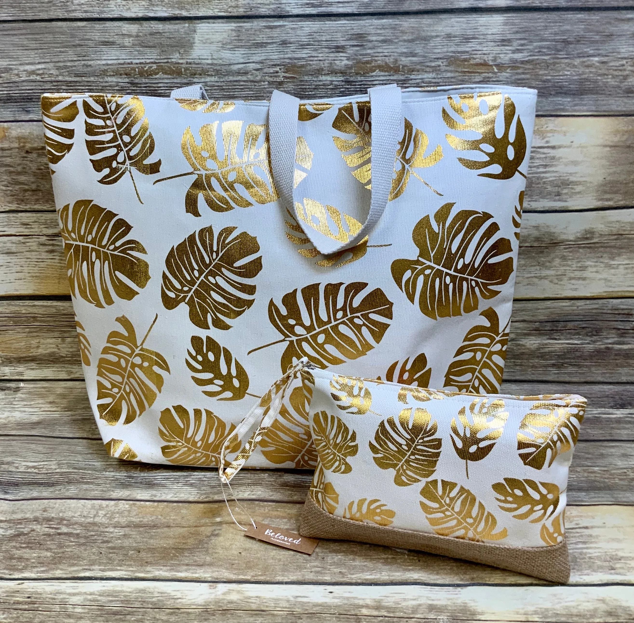 Metallic Palm Leaf Canvas Collection (beach bags/ totes and travel wristlets)