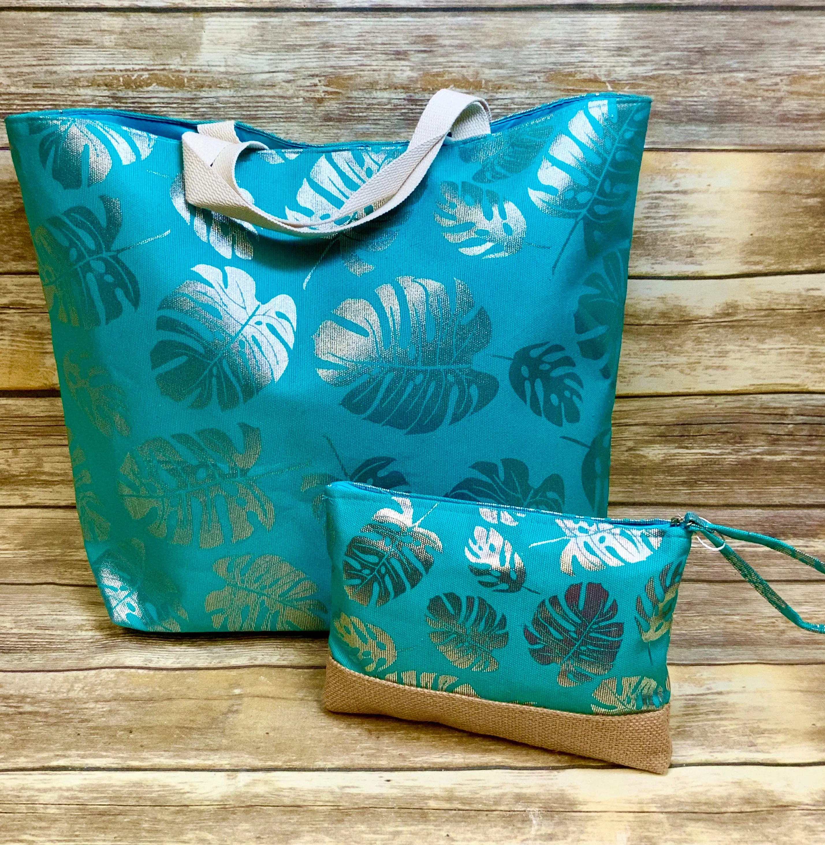 Metallic Palm Leaf Canvas Collection (beach bags/ totes and travel wristlets)