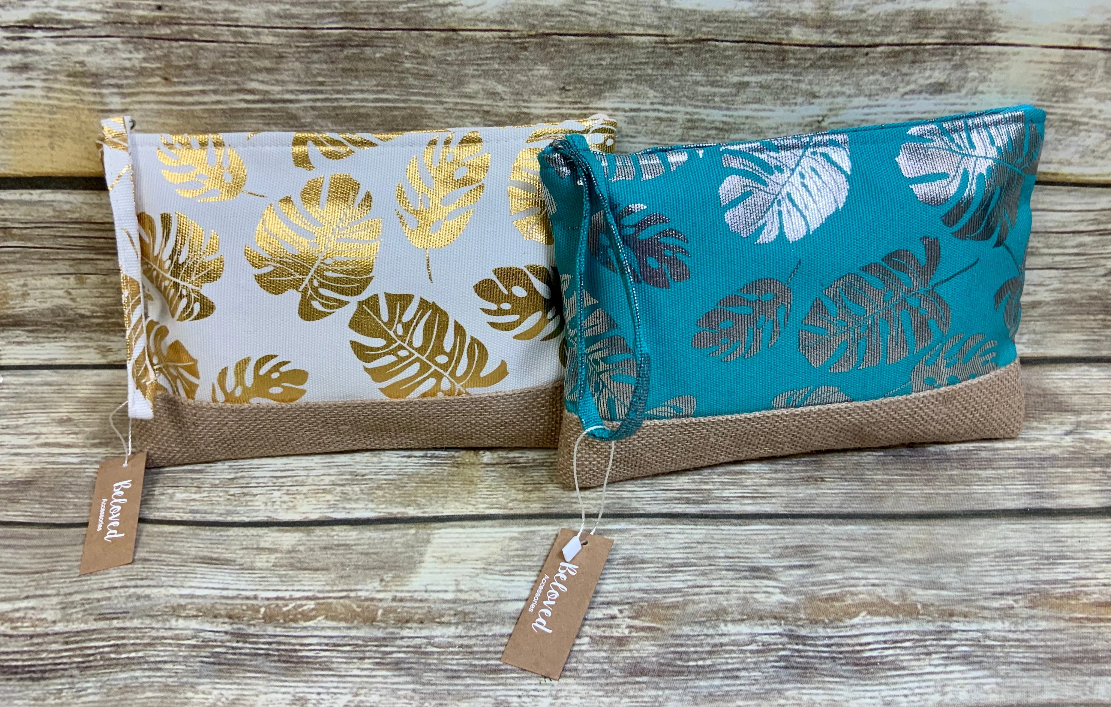 Metallic Palm Leaf Canvas Collection (beach bags/ totes and travel wristlets)